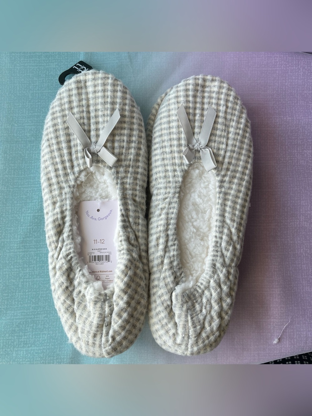 JOYSPUN Non-Slip Waffle Knit Slipper Socks Light Gray and White Size 11-12